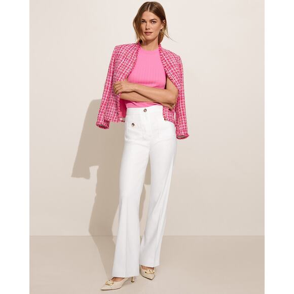 Ann Taylor NWOT The Cutaway Pink Red Fringe Tweed Open Front Jacket Size 12 - Picture 2 of 10